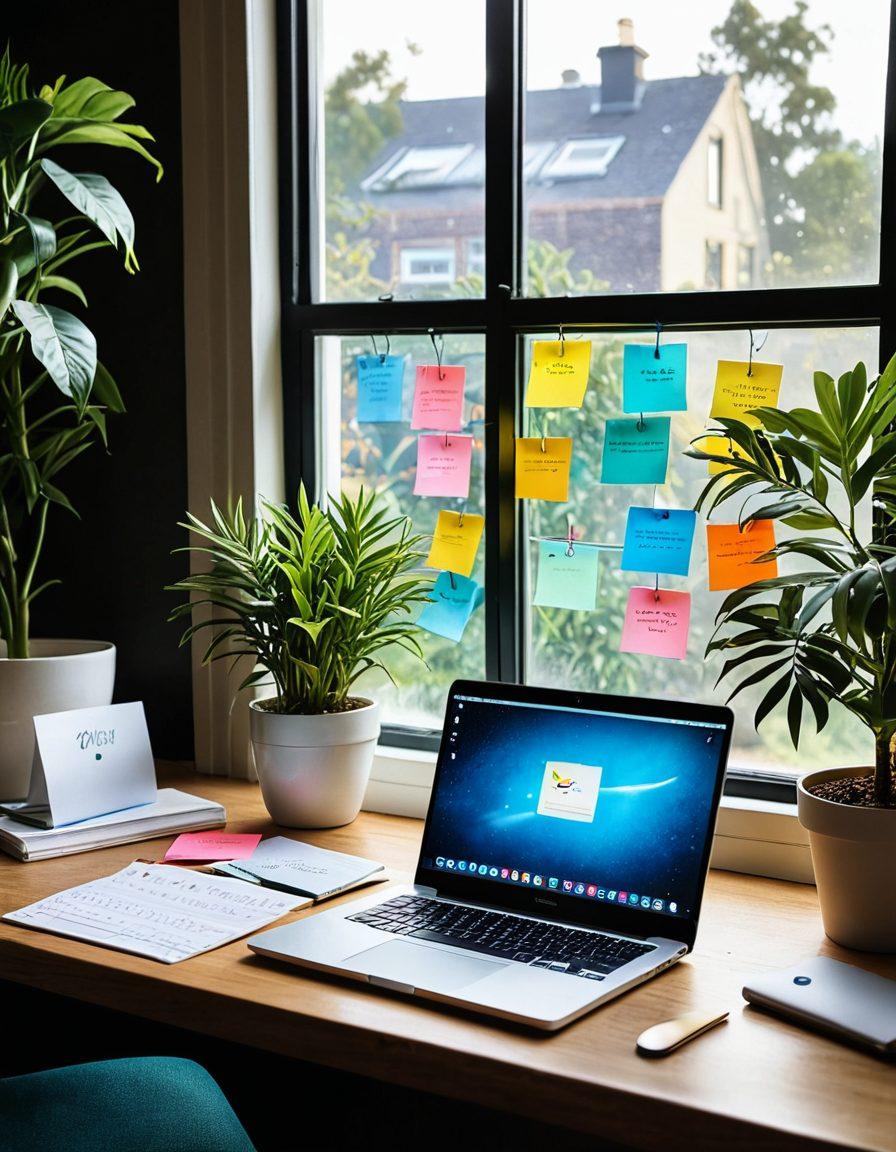 A contemporary workspace displaying a laptop with the Optus Webmail interface open, surrounded by vibrant sticky notes with communication tips. Include a steaming coffee mug and a potted plant for a cozy feel. Soft light streaming in from a window creates a warm atmosphere. super-realistic. vibrant colors.