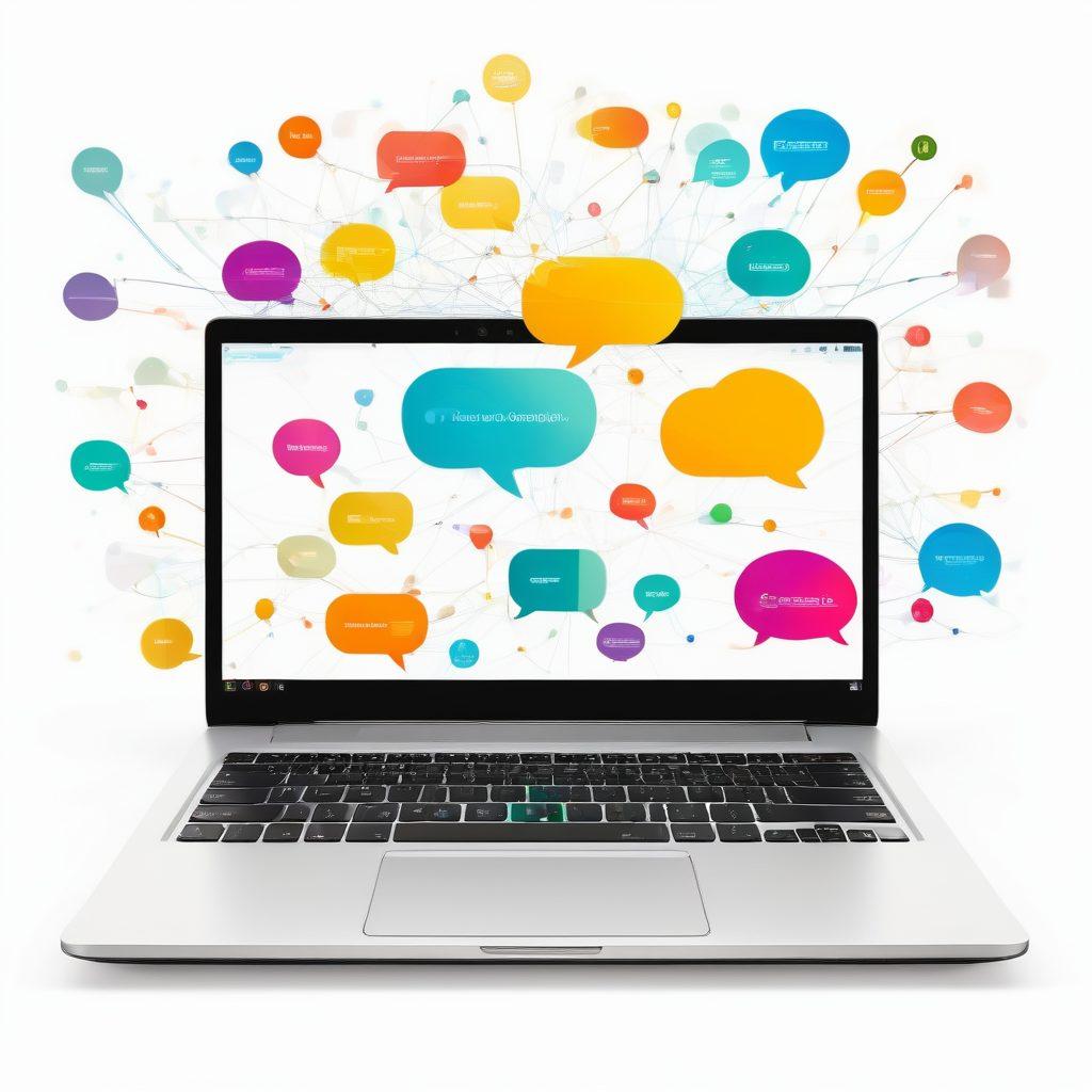 A sleek laptop surrounded by colorful digital chat bubbles representing various messaging platforms, with the Optus Webmail logo prominently featured. In the background, a vibrant network of interconnected lines symbolizing online connectivity and collaboration. Include a diverse group of people engaging with technology, illustrating effective online networking. The atmosphere should be energetic and modern. super-realistic. vibrant colors. white background.