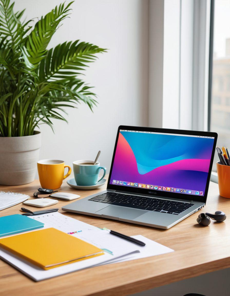 A sleek digital workspace featuring a modern laptop displaying an organized email inbox, with vibrant notifications and helpful tips popping up on the screen. Surrounding the laptop are essential tools like a notepad, sleek headphones, and a coffee cup, all in a harmonious and clutter-free environment. Bright and inviting colors with a focus on clarity and productivity. 3D rendering. vibrant colors.